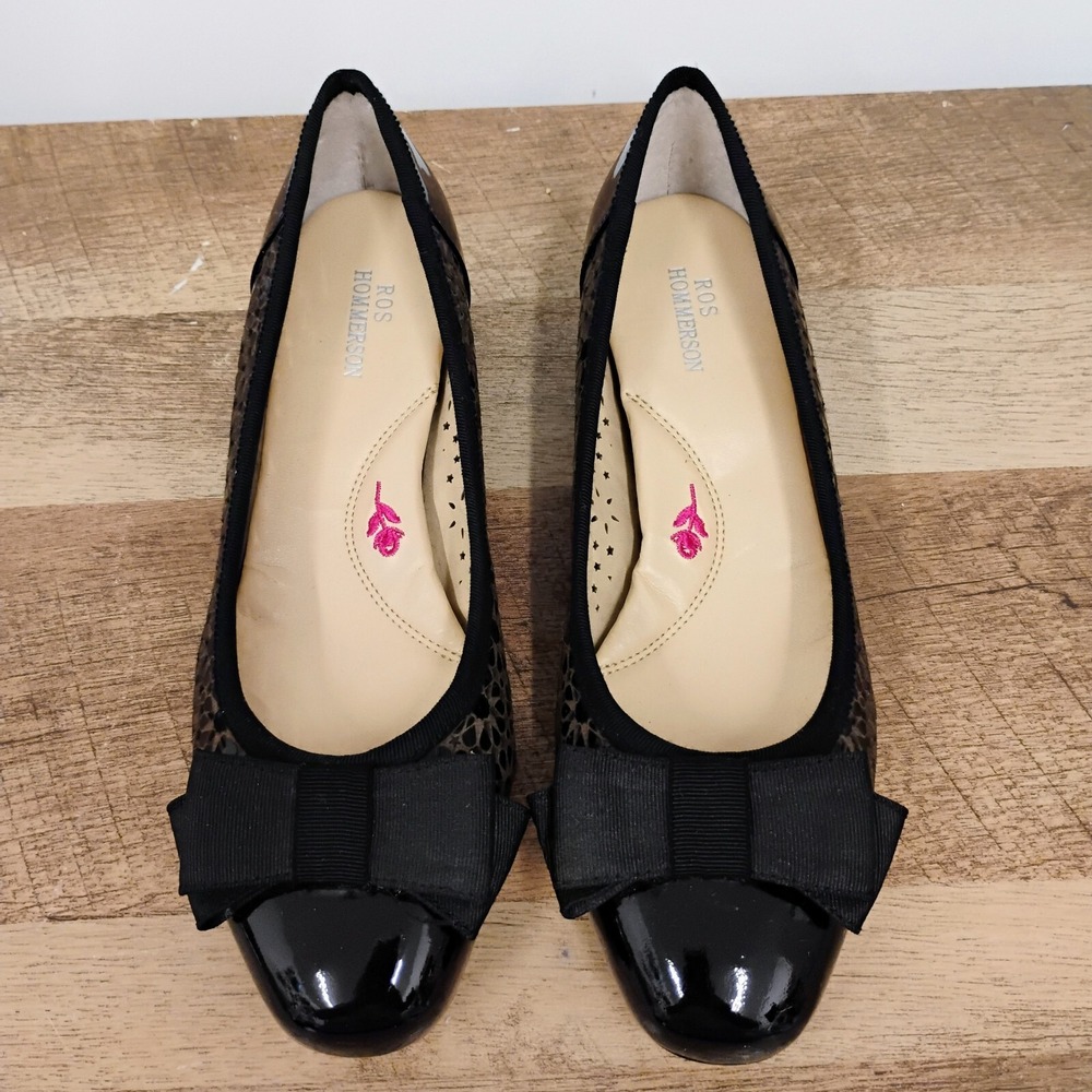 Ros Hommerson Trisha Womens Black Patent Leather Flowers Bow Dressy‎ Flats 6N